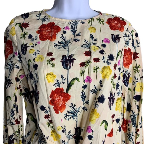 H&M Floral Bell Sleeve Crop Top 4 Beige Tie Front Key Hole Button Round Neck - Picture 2 of 5